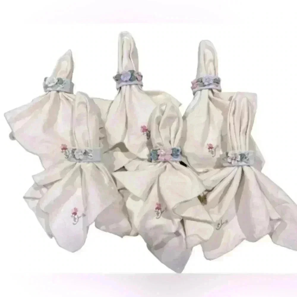 Vintage Bridgerton Inspired Porcelain Floral Napkin Rings & Embroidered Napkins